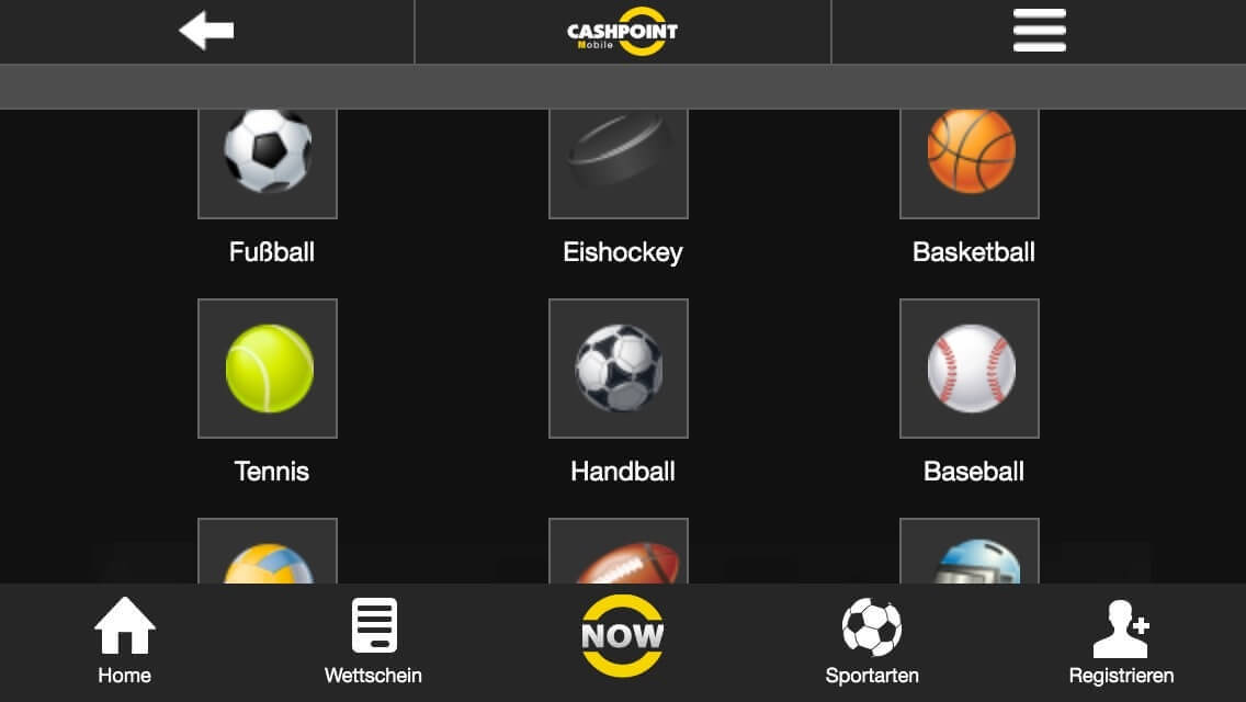 Cashpoint App: Ein Klick auf Sportarten öffnet die Filterfunktion. Hier könnt Ihr alle verfügbaren Wetten, sortiert nach Sportart, einsehen.