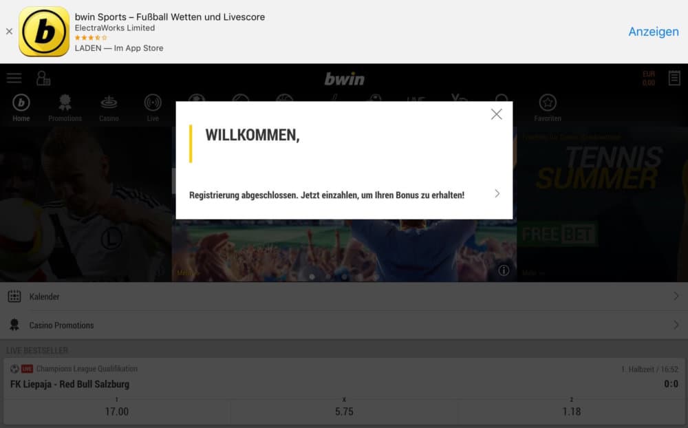 bwin Registrierung abgeschlossen