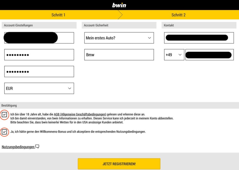 bwin Registrierung Schritt 2