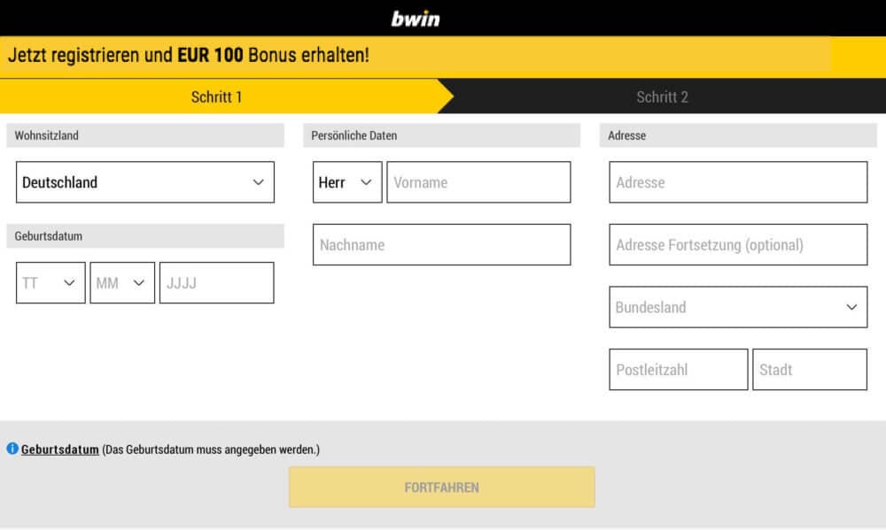 bwin Registrierung Schritt 1